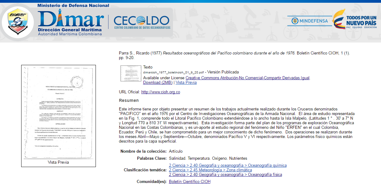 Primer artículo científico publicado por el Centro de Investigaciones Oceanográficas e Hidrográficas (CIOH) en 1977. Primer artículo científico publicado por el Centro de Investigaciones Oceanográficas e Hidrográficas (CIOH) en 1977.