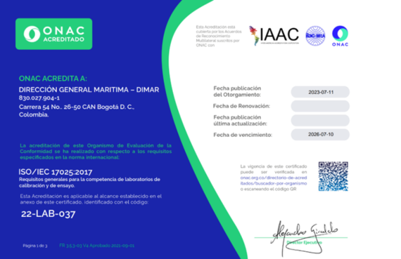 Certificado de acreditación otorgado por del Organismo Nacional de Acreditación de Colombia – ONAC Fuente: ONAC
