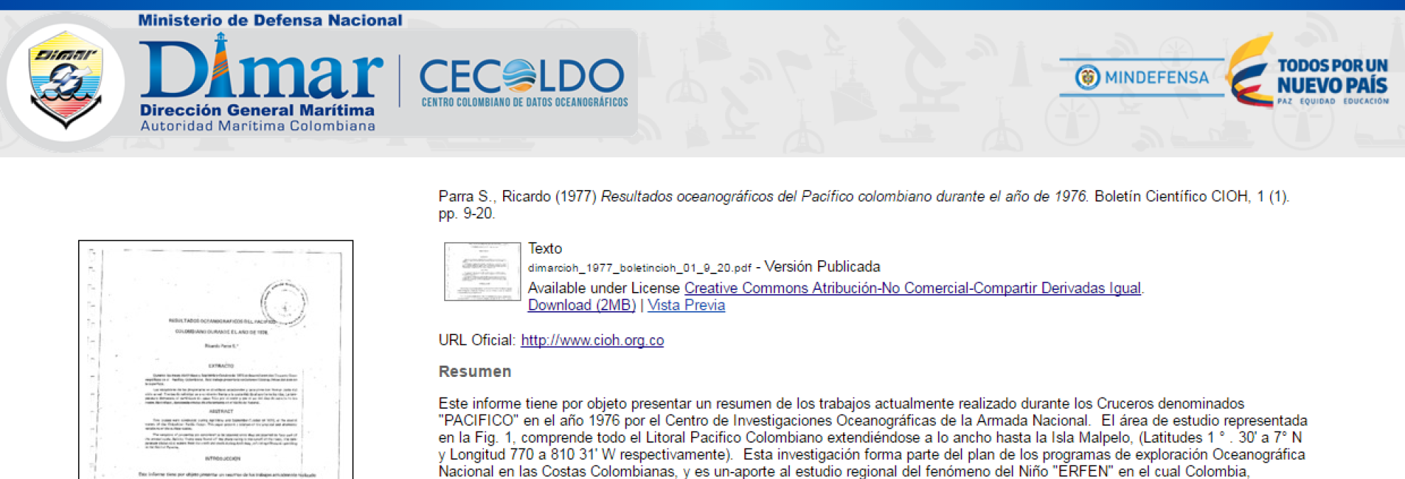 Primer artículo científico publicado por el Centro de Investigaciones Oceanográficas e Hidrográficas (CIOH) en 1977.